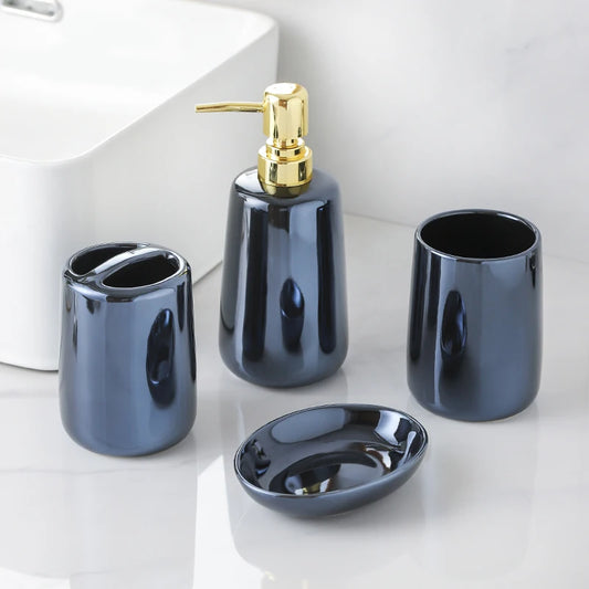 Glossy Ceramic 4-Piece Bathroom Set Blue