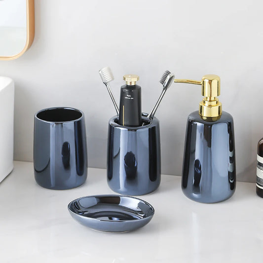 Glossy Ceramic 4-Piece Bathroom Set Blue